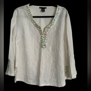 Coastal Cowgirl Ivory Linen Tunic with Emerald Accents Anne Carson, size Large